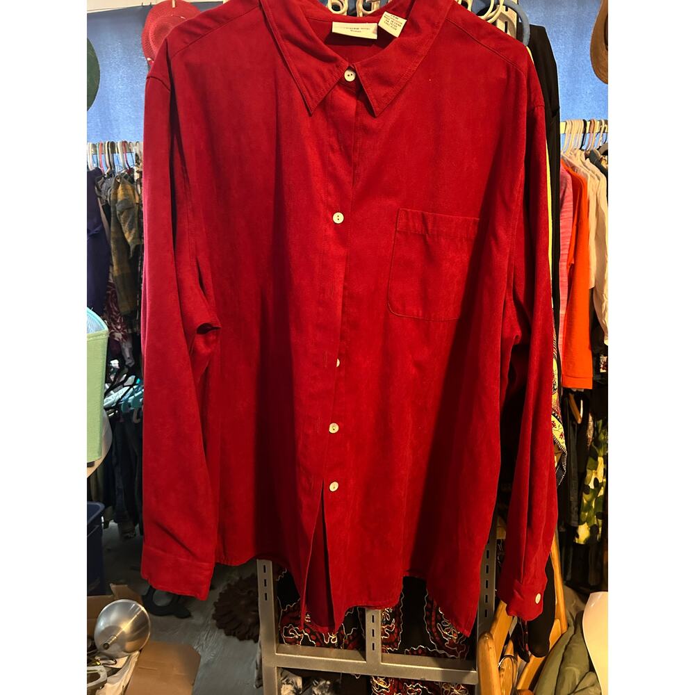 Vintage Parisian Works Button-Up Shirt – Deep Red – Size 24W